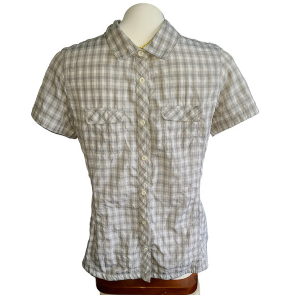 Eddie Bauer Womens Grey Gingham Plaid Short‎ Sleeve Button Down Shirt Size M